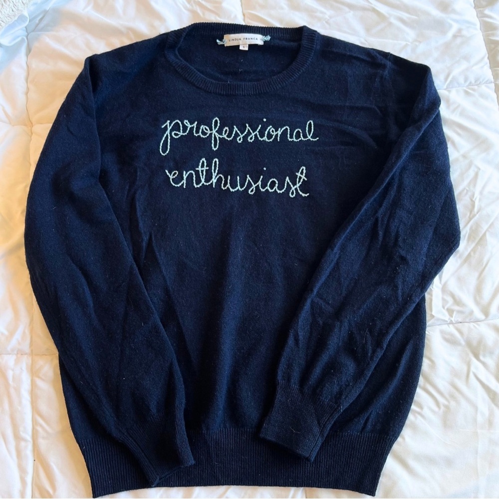 Lingua Franca NYC Custom Hand Embroidered 100% Cashmere Sweater Navy Size S